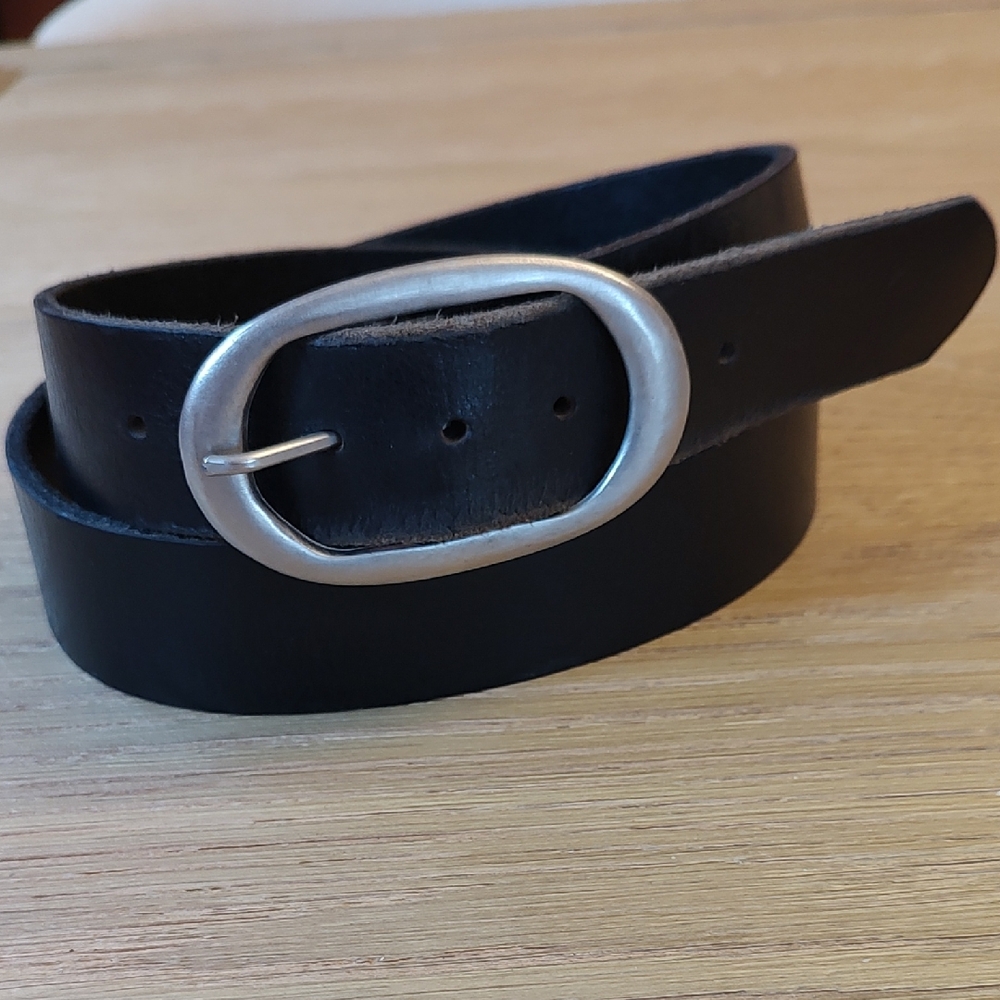 Kim White Dark Brown Leather Belt with Large Silver Oval Buckle